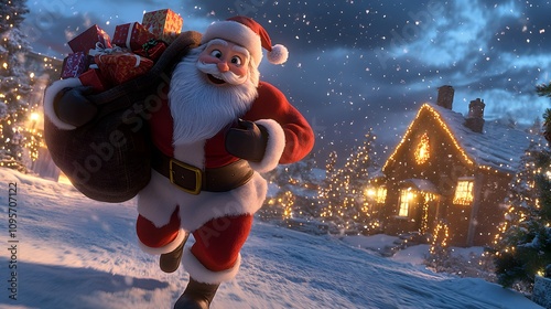 A jolly Santa Claus running with a large sack of presents, his face filled with excitement, as snow falls softly around him, heading towards a brightly lit house in the distance