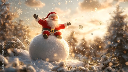 A joyful Santa Claus riding on a giant snowball down a snowy hill surrounded by pine trees, with snowflakes falling and a festive atmosphere