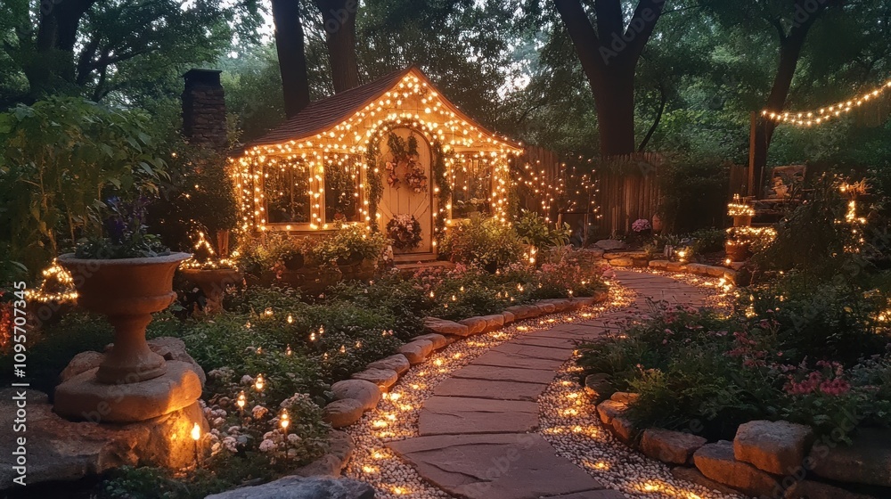 Fototapeta premium A serene garden pathway illuminated by fairy lights, leading to a charming cottage.