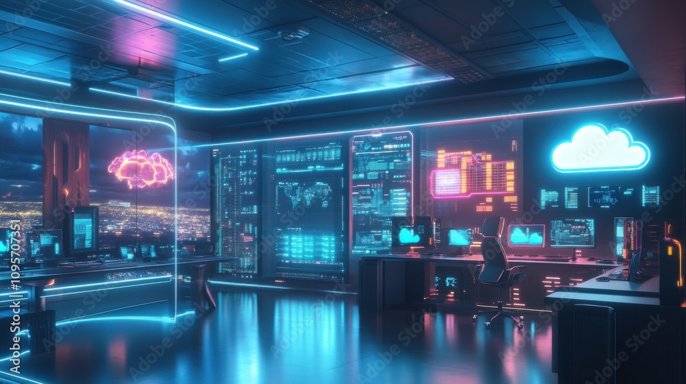 Futuristic digital workspace with neon accents Futuristic digital workspace with neon accents