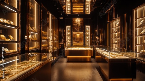 Luxurious gold jewelry store interior.