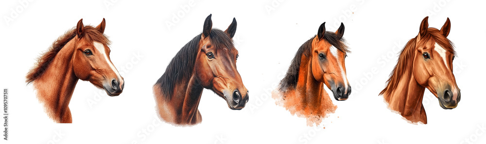 Fototapeta premium Four artistic representations of horses showcasing their beauty and character.