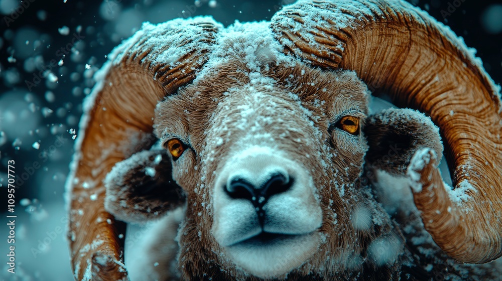 Obraz premium Majestic Bighorn Sheep in Winter Snowstorm