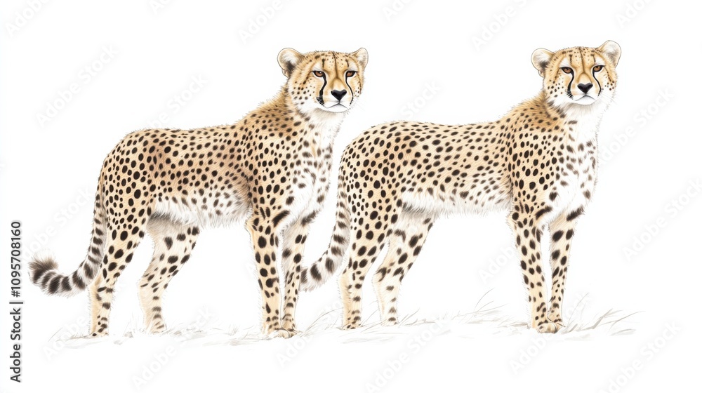 Two Cheetahs Standing Together on White Background Two Cheetahs Standing Together on White Background