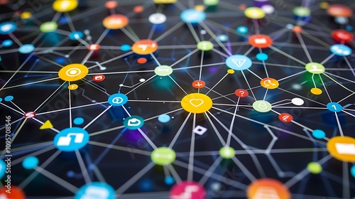 A colorful network of interconnected icons representing technology and social media concepts.