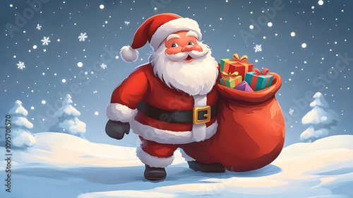 Santa standing with a jumping sack of presents, his white beard and bright red suit highlighted against a wintry background of falling snowflakes.