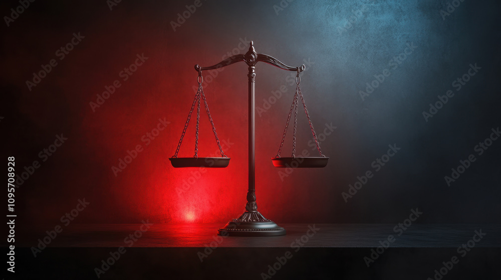 classic scale symbolizing justice, balanced against dramatic backdrop of red and blue lighting, evokes sense of fairness and equality classic scale symbolizing justice, balanced against dramatic backdrop of red and blue lighting, evokes sense of fairness and equality