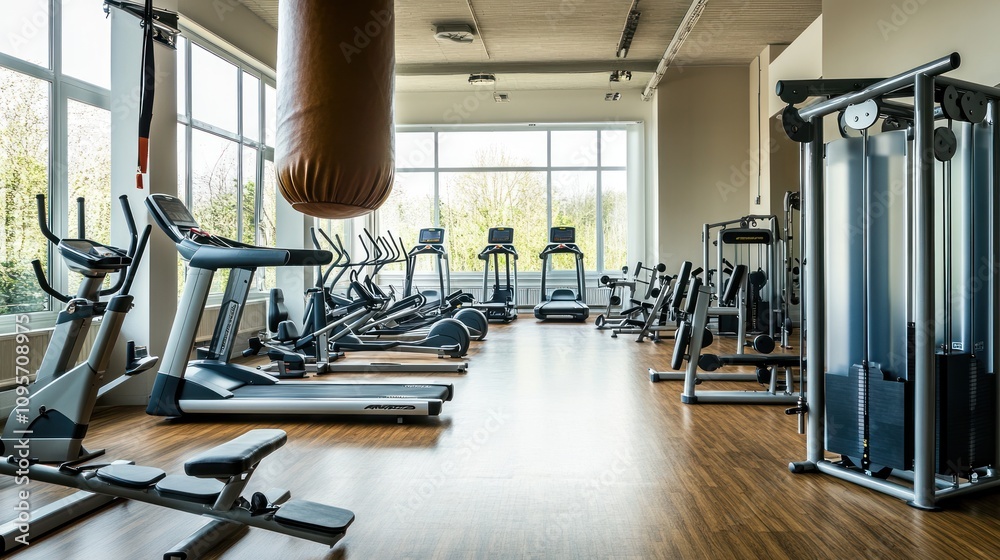 Modern gym interior with equipment.