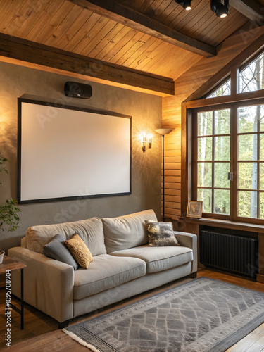 cozy living room featuring comfortable sofa, blank poster mockup, and large windows that invite natural light. warm wooden accents create welcoming atmosphere