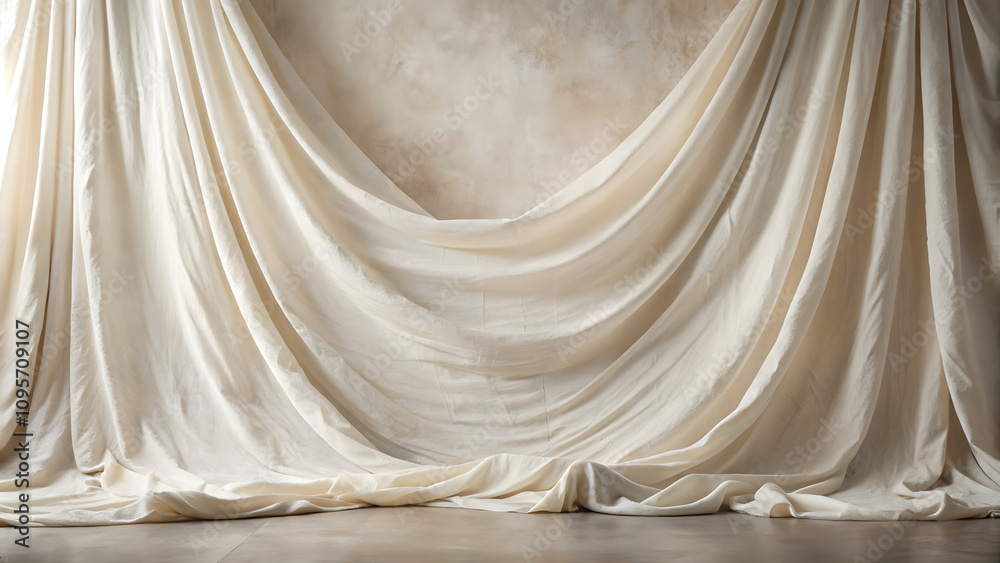 Loosely draped muslin fabric backdrop in off white, creating soft and elegant atmosphere. Ideal for photography and artistic displays Loosely draped muslin fabric backdrop in off white, creating soft and elegant atmosphere. Ideal for photography and artistic displays
