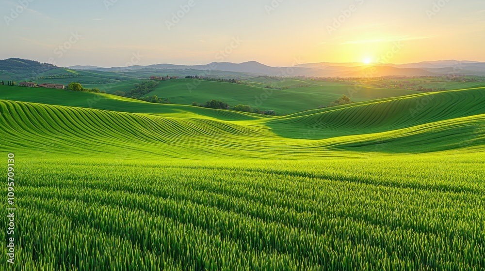 Serene Sunset over Rolling Green Hills and Wheat Field Serene Sunset over Rolling Green Hills and Wheat Field
