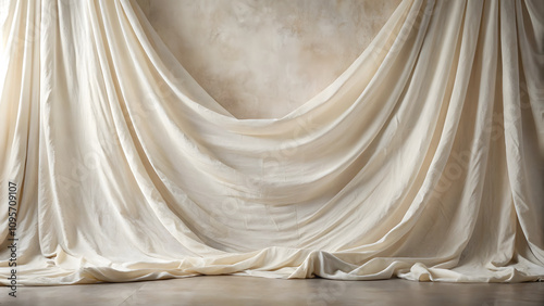 Loosely draped muslin fabric backdrop in off white, creating soft and elegant atmosphere. Ideal for photography and artistic displays