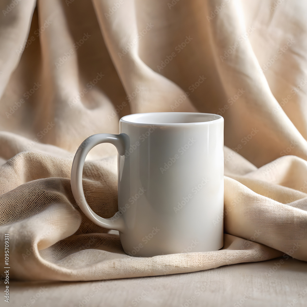 minimalist white mug mockup resting on smooth, textured fabric, creating serene and elegant atmosphere. Perfect for showcasing beverages or designs minimalist white mug mockup resting on smooth, textured fabric, creating serene and elegant atmosphere. Perfect for showcasing beverages or designs