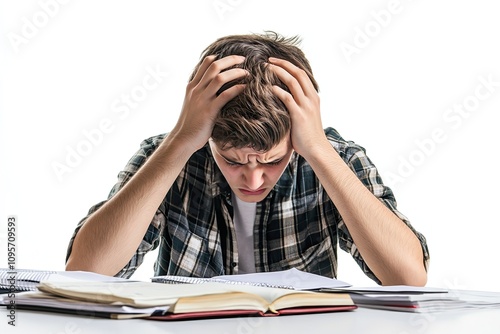 Frustrated young student banging head on desk isolated on white background. Struggling with homework academic stress desperate expression
