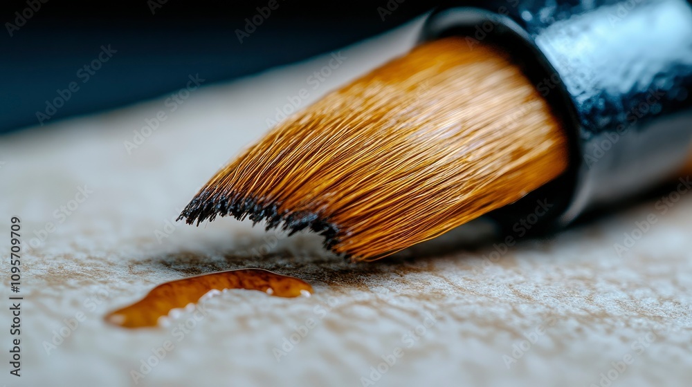 Fototapeta premium Close-up of a Paintbrush with Droplets of Paint on a Textured Surface