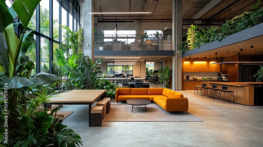 Modern office space featuring greenery, seating, and a collaborative atmosphere.
