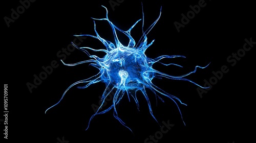 A 3D Render of a Glowing Blue Neuron in a Dark Void. AI Generated