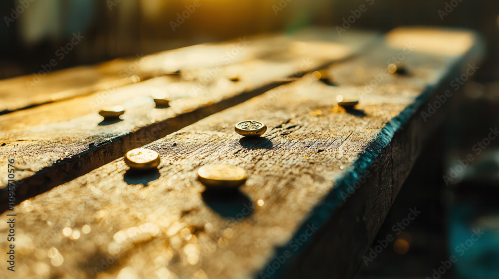 wooden table with scattered coins, creating treasure hunt atmosphere. warm sunlight enhances rustic charm of scene, inviting exploration and adventure wooden table with scattered coins, creating treasure hunt atmosphere. warm sunlight enhances rustic charm of scene, inviting exploration and adventure