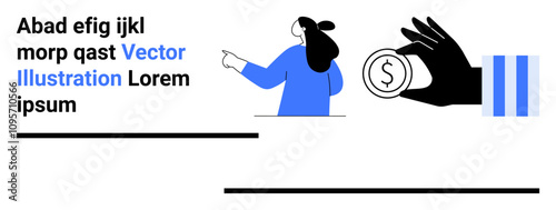 Businesswoman gesturing towards text and graphics, hand holding coin, text beside them, blue highlights. Ideal for finance, presentations, advertisements, marketing, education, infographics