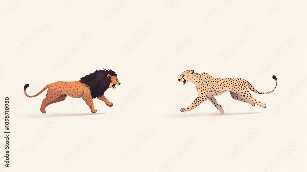 Fototapeta premium Lion and Cheetah in Dynamic Motion Illustration