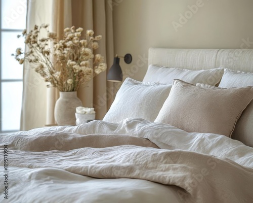 Linen bedding in an upscale, neutralcolored bedroom photo