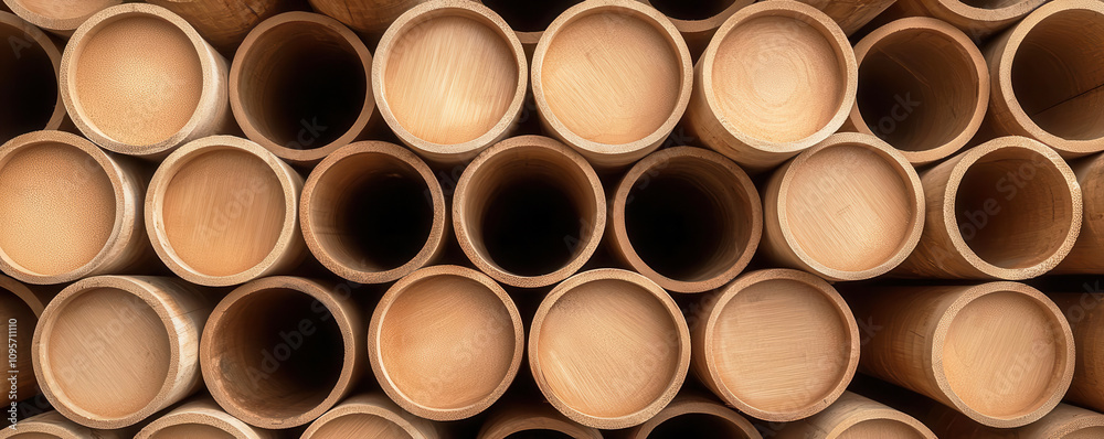 A close-up view of stacked bamboo, empty cylindrical tubes, showcasing their smooth surfaces and uniform openings. A close-up view of stacked bamboo, empty cylindrical tubes, showcasing their smooth surfaces and uniform openings.