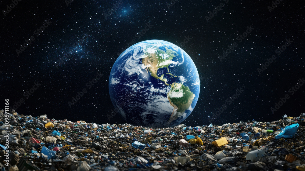 striking image of Earth surrounded by vast expanse of space, with foreground filled with trash, highlighting environmental issues striking image of Earth surrounded by vast expanse of space, with foreground filled with trash, highlighting environmental issues