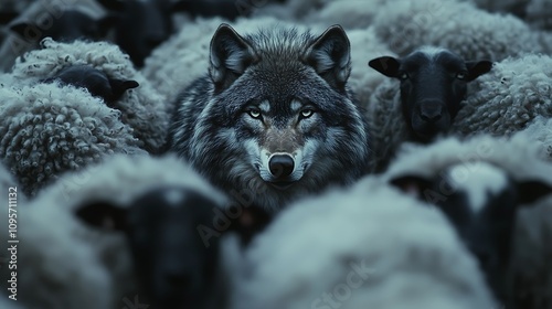 Lone Wolf Among the Flock: A Striking Digital Painting. AI Generated photo