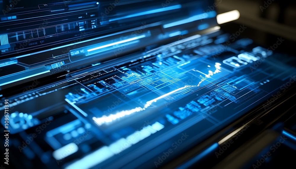 A futuristic interface displaying data and analytics in a digital format. A futuristic interface displaying data and analytics in a digital format.