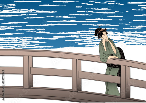 青い空に橋の上の和服美人