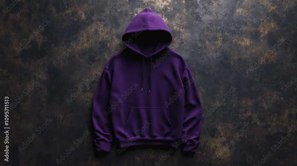 A purple hoodie displayed against a textured background, showcasing casual wear style.