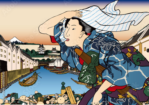 風に吹かれる和服美人