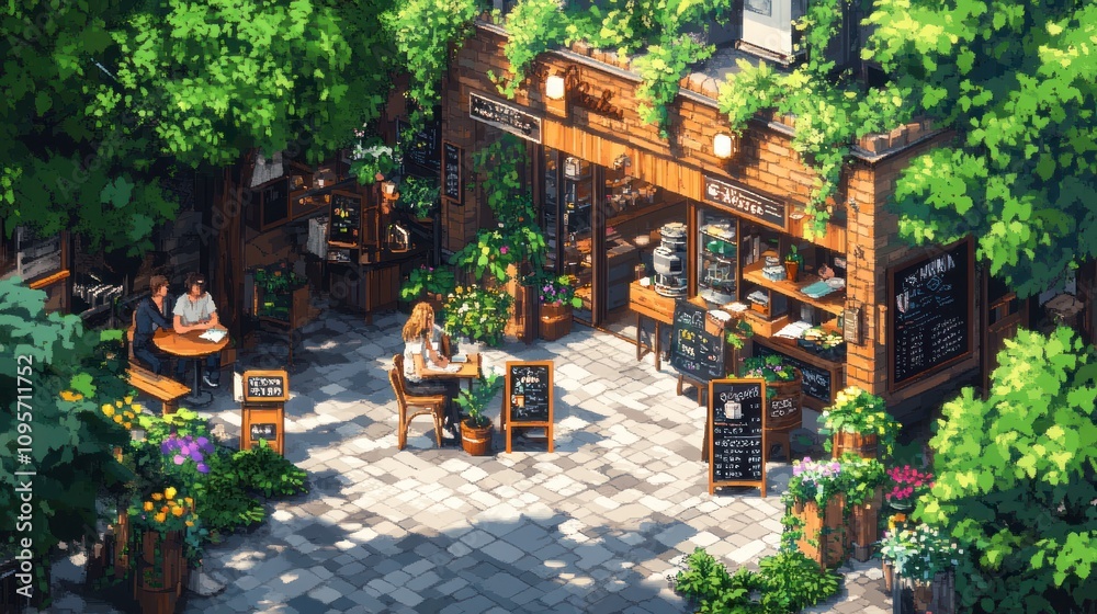 Obraz premium A vibrant outdoor caf? surrounded by lush greenery and flowers, inviting relaxation and socializing.