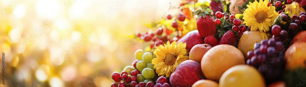 vibrant display of fresh fruits and flowers in sunlight vibrant display of fresh fruits and flowers in sunlight