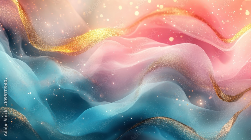Fototapeta premium ** Abstract Colorful Waves with Glittering Gold Accents in a Dreamy, Ethereal Background of Pink, Blue, and Peach Tones..**