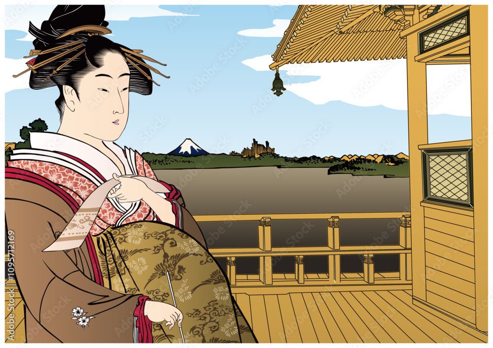 Fototapeta premium 富士山と和服女性