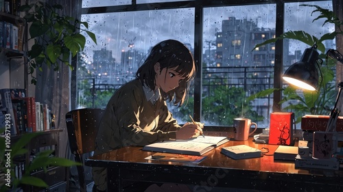 Cozy Study Scene with Anime Girl in Rainy Setting