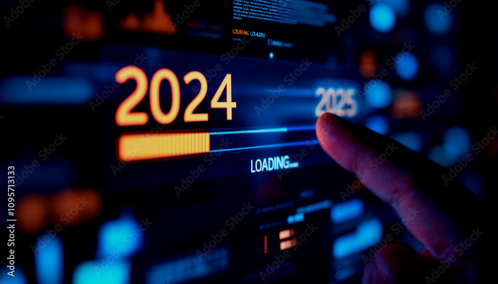 Person pointing at a digital progress bar transitioning from 2024 to 2025, symbolizing New Year anticipation and planning Person pointing at a digital progress bar transitioning from 2024 to 2025, symbolizing New Year anticipation and planning