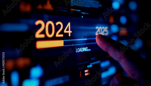 Person pointing at a digital progress bar transitioning from 2024 to 2025, symbolizing New Year anticipation and planning