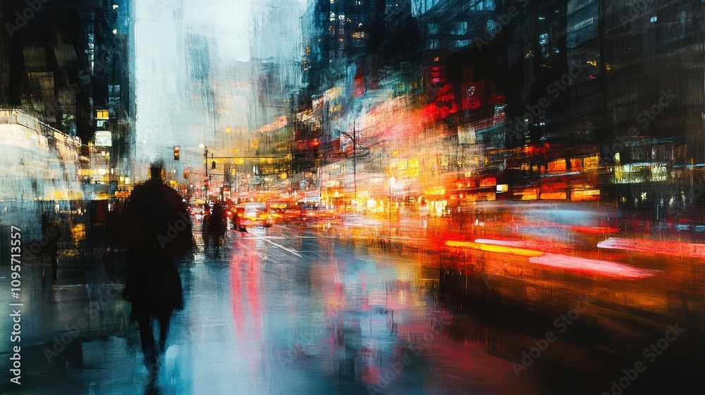 A blurred urban scene depicting a busy street with colorful lights and silhouettes of people. A blurred urban scene depicting a busy street with colorful lights and silhouettes of people.