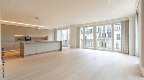 Modern, spacious kitchen and living area with large windows and minimalist design.