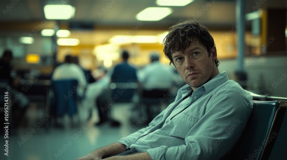 A pensive man sits in an airport waiting area, surrounded by blurred figures in the background. A pensive man sits in an airport waiting area, surrounded by blurred figures in the background.