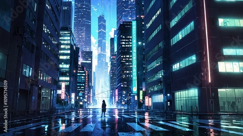 Futuristic Cityscape with Neon Lights and Rain Effects