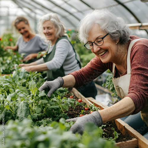 Community gardening event senior women friends planting vegetables in greenhouse nurturing bonds and nature close-up perspective