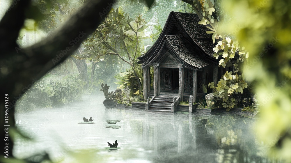 A serene, misty landscape featuring a tranquil house by a calm lake surrounded by lush greenery.