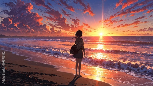 Mystical Sunset by the Sea in Anime Style