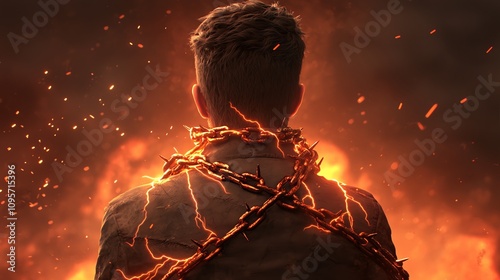 A dramatic representation of struggle and resilience, depicting a figure bound by chains against a fiery backdrop.