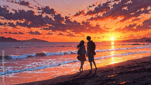 Romantic Sunset at Seaside with Anime Characters