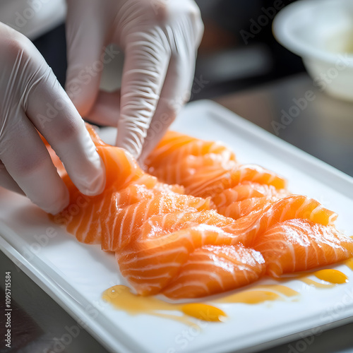 Japanese chef preparing salmon sashimi culinary studio food photography professional kitchen close-up view culinary artistry