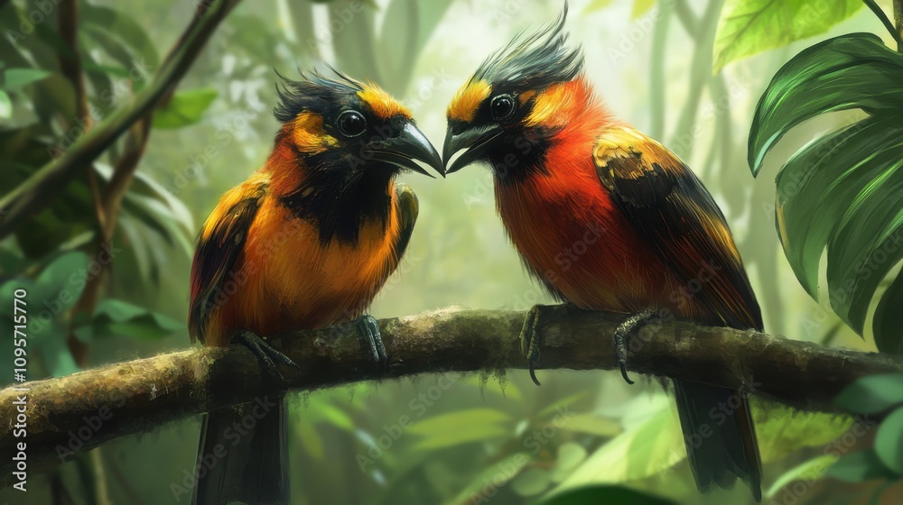 Colorful Birds in Lush Jungle Environment Colorful Birds in Lush Jungle Environment